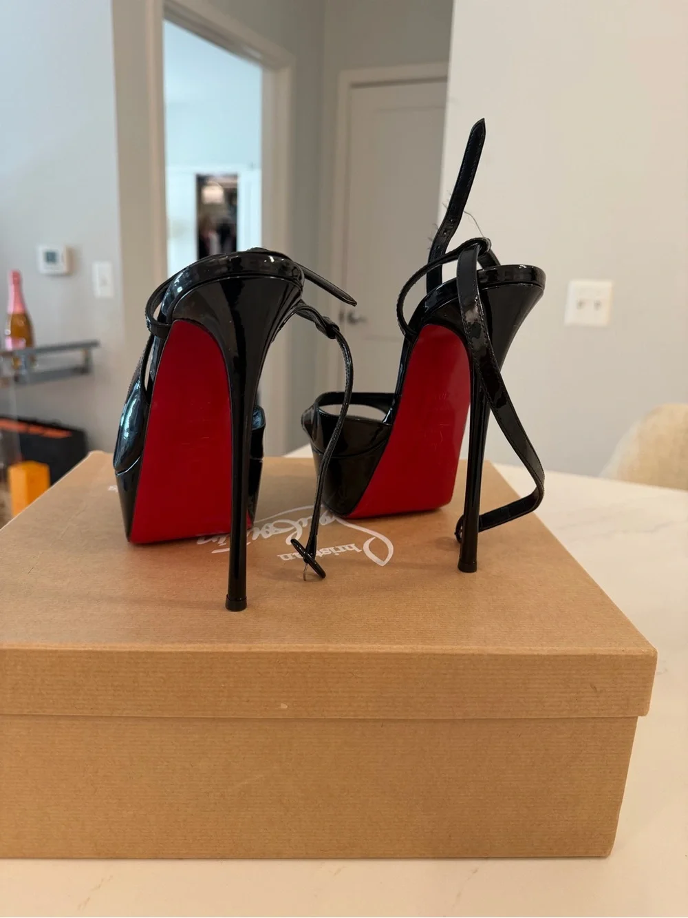 Christian Louboutin Black Patent Platform Slingback Heels with Red Sole